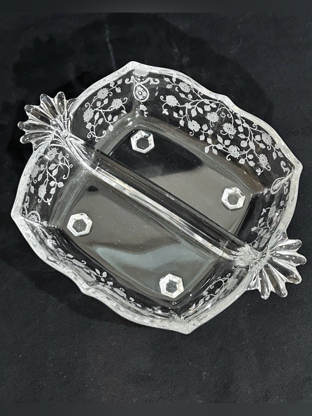 Fostoria Glass Divided Relish Dish Corsage Fleur-de-lis Handles Hexagon Feet
